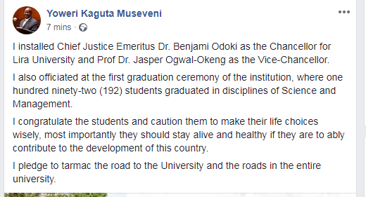 President Museveni's post about installation of DCJ Benjamin Odoki as Lira Varsity VC
