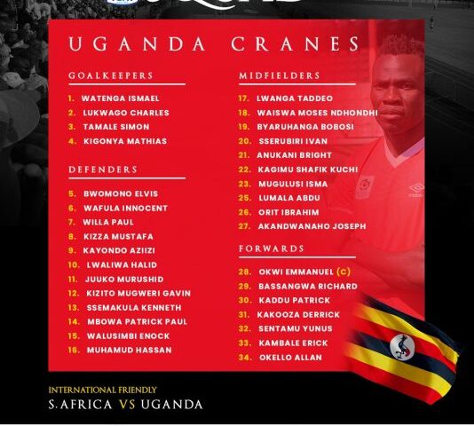International Friendly: Uganda Cranes Squad Summoned For Clash With South Africa, Okwi Named Captain