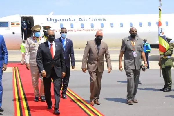 Somalia President Sheikh Mohamud Lands In Uganda Aboard Uganda Airlines