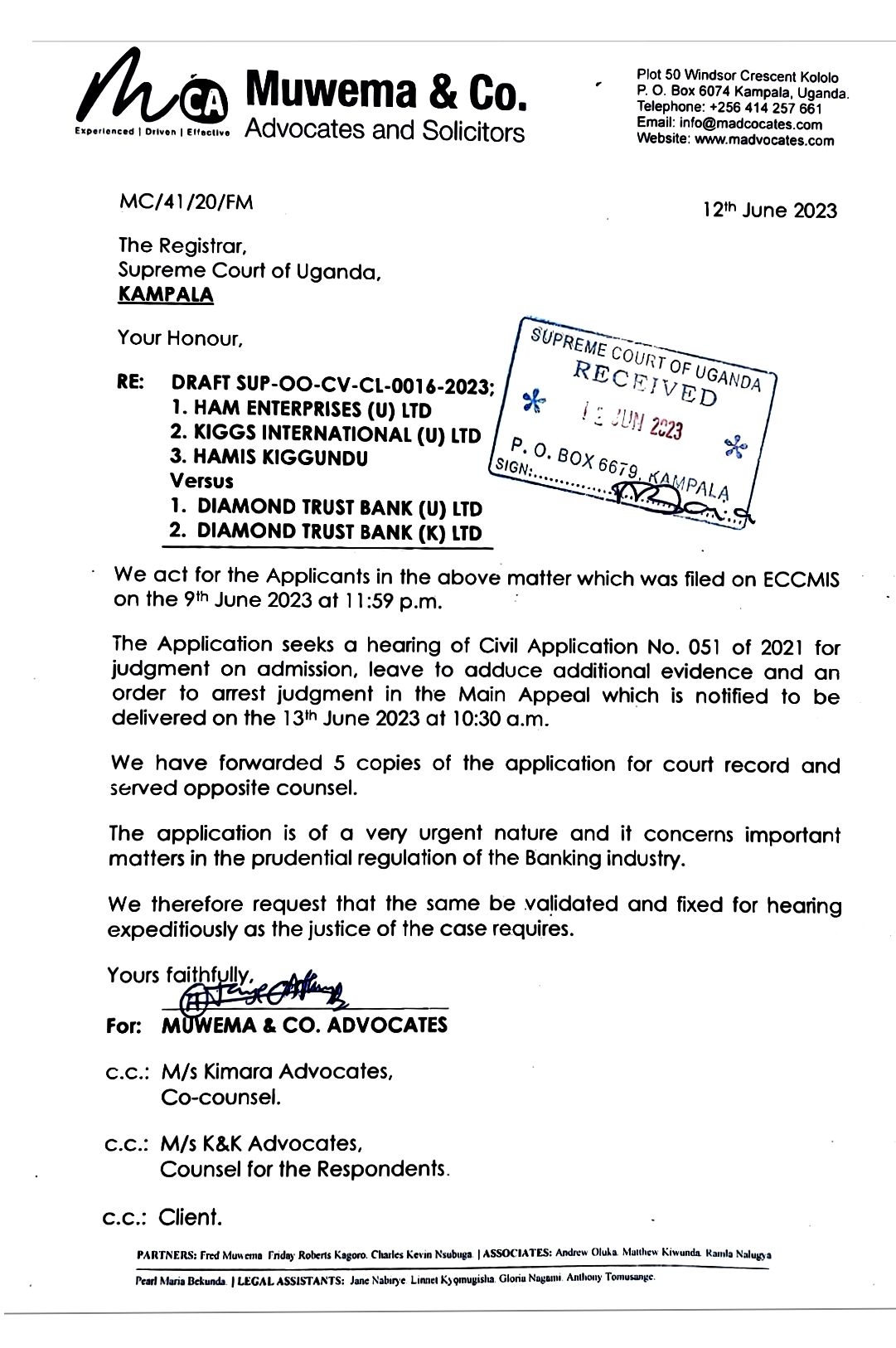 Supreme Court Receives Hamis Kiggundu's Application To Stop Judgement On DTB's Fraud Case 1 IMG 20230612 WA0009