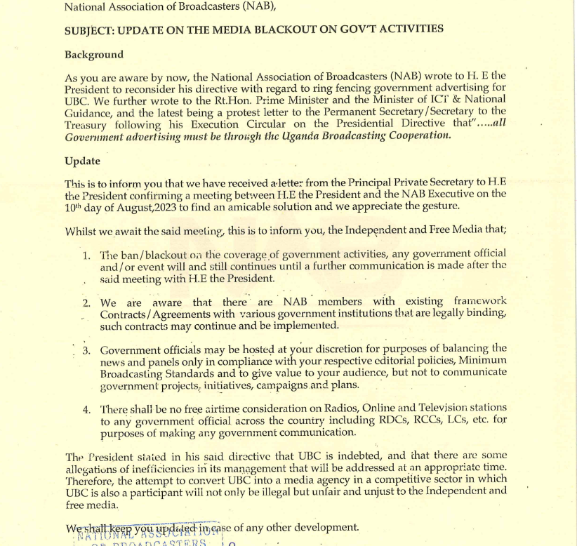 ''Thanks For Your Invitation But We Won't Air Your Activities, Go On With Your UBC''-Furious Broadcasters Tighten Nut As Museveni Invites Them For Meeting 1 Screenshot 2023 07 21 at 18 11 02 NAB Update on Govt Ban 1.pdf