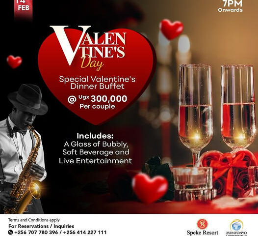 Valentine’s Day Plot? Book Your Slot At Speke Resort Munyonyo &Enjoy A Special Dinner Buffet With Live Band Music