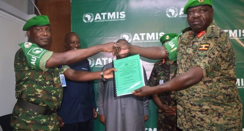 Gen Sam Okiding Hands Over ATMIS Office, Returns To Uganda As Deputy CDF