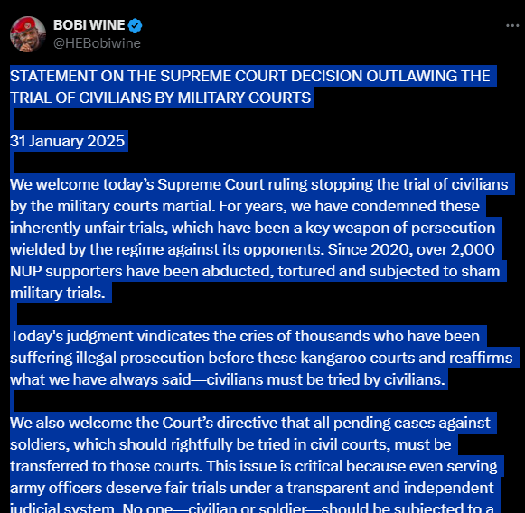 ''You've Opened Gates Of Justice By Closing Court Martial, Now Free All Political Prisoners I Will Call You My Hero''-Bobi Wine To CJ Owiny Dollo 2 Screenshot 2025 02 01 101053